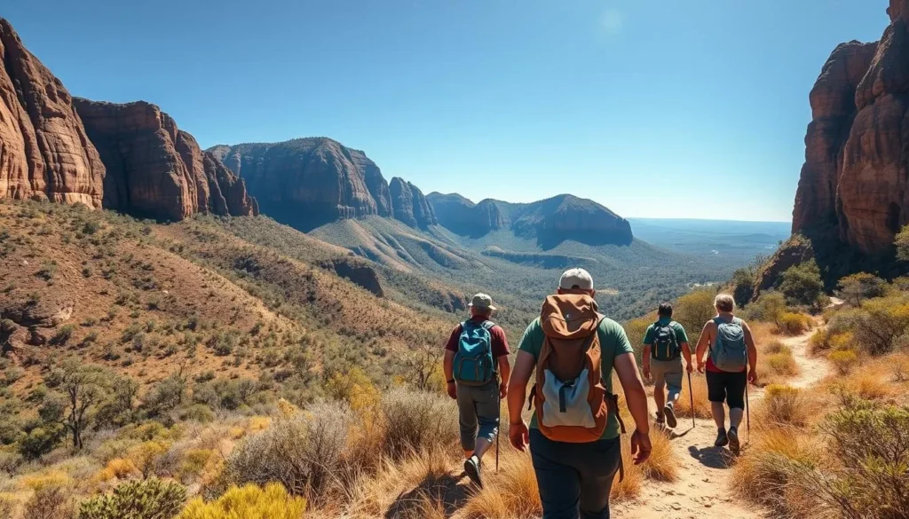 Hikers on the Jatbula Trail in Nitmiluk National Park with backpacks and hiking gear