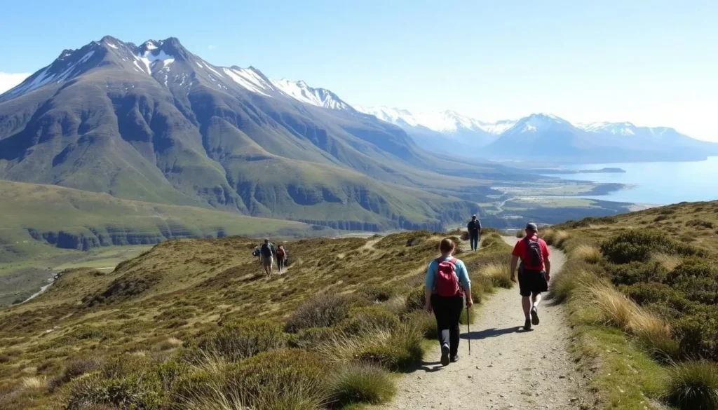 Hikers on the Kaikoura Peninsula Walkway with views of the coastline and mountains