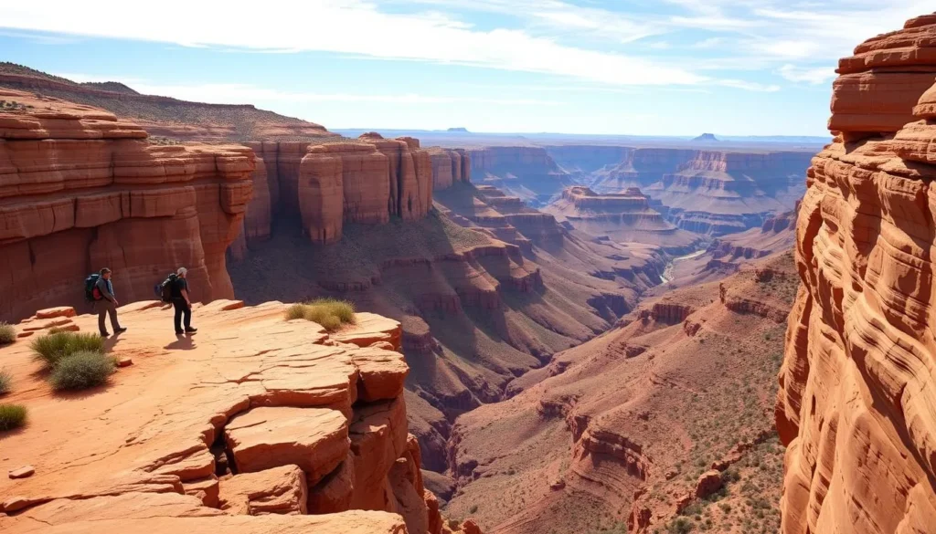 Hikers on the Kings Canyon Rim Walk with panoramic views of the canyon