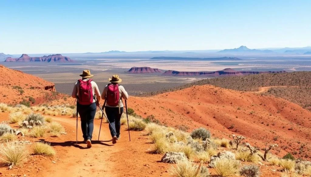 Hikers on the Larapinta Trail with panoramic views of the West MacDonnell Ranges, one of the premier West MacDonnell National Park things to do