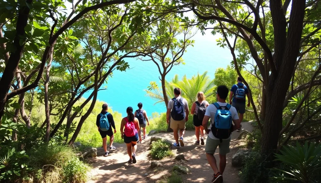Hikers on the Lookout Trail between Galleon Beach and Shirley Heights, Antigua Hikers on the Lookout Trail between Galleon Beach and Shirley Heights, Antigua