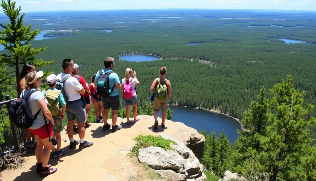 Hikers on the Lookout Trail in Algonquin Provincial Park enjoying panoramic views