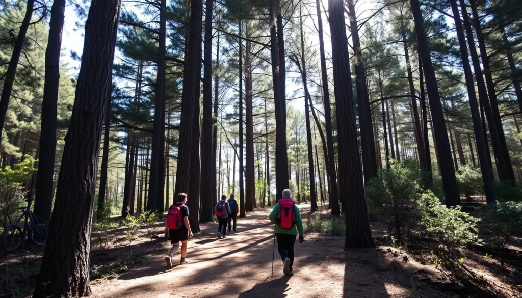 Hikers on the Monkey Trail in Ifrane National Park with cedar trees