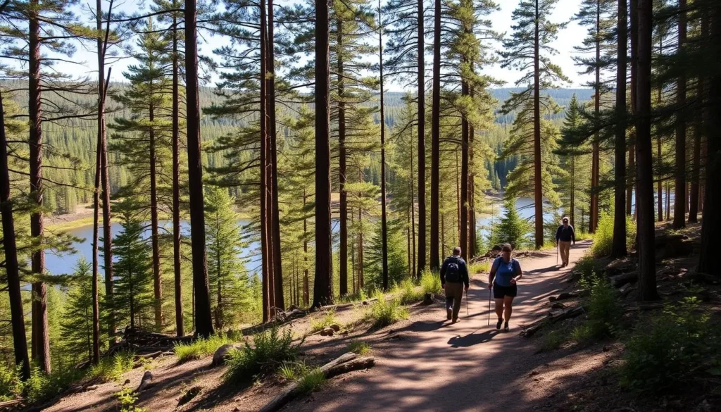 Hikers on the North Country Trail at Copper Falls State Park with forest views