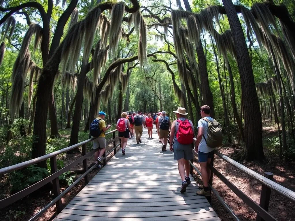 Hikers on the Pine Island Trail with Spanish moss hanging from trees