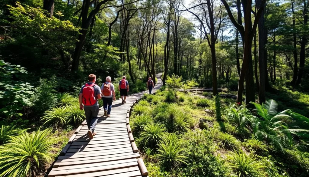 Hikers on the Rakiura Track crossing wooden boardwalk through native forest Hikers on the Rakiura Track crossing wooden boardwalk through native forest