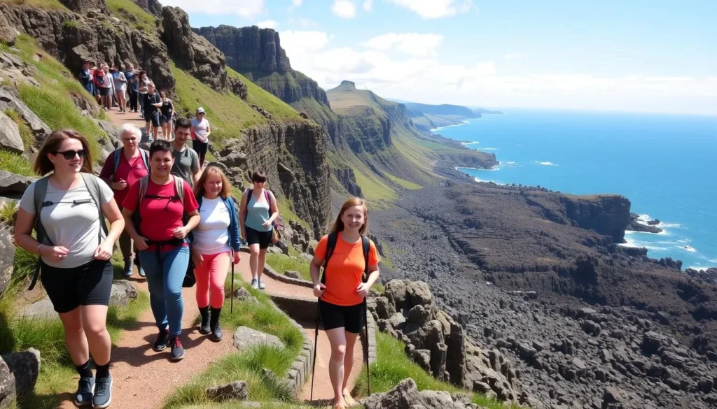Hikers on the Red Trail at Giant's Causeway with coastal views