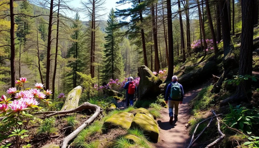 Hikers on the Rhododendron Trail at Valley Falls State Park with forest scenery in Fairmont, West Virginia