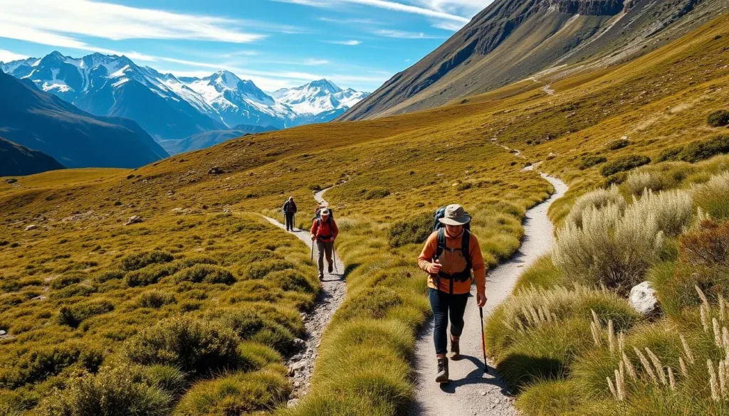 Hikers on the Routeburn Track with alpine scenery and mountains in the background