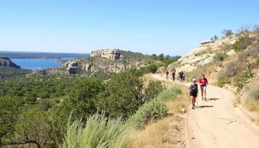 Hikers on the San Gabriel River Trail with views of Lake Georgetown