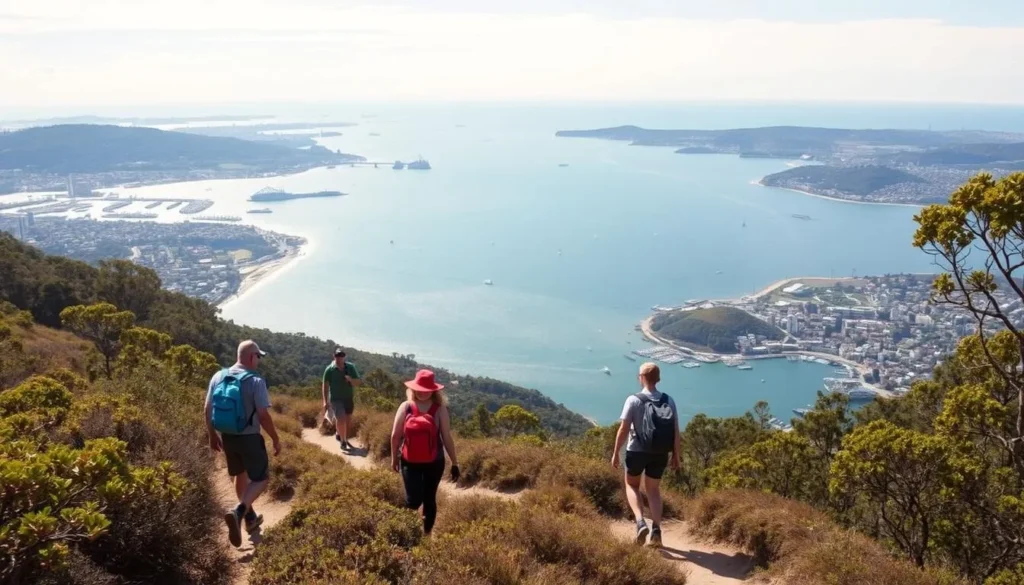 Hikers on the Spit to Manly Walk in Sydney Harbour National Park with harbor views