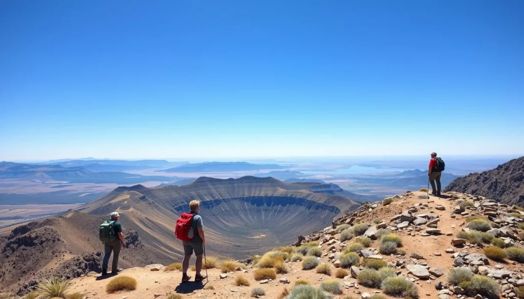 Hikers on the St. Mary Peak trail in Flinders Ranges National Park with expansive views of Wilpena Pound