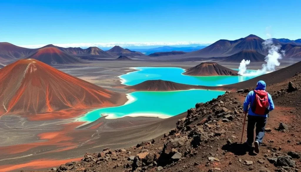 Hikers on the Tongariro Alpine Crossing with views of the Emerald Lakes Hikers on the Tongariro Alpine Crossing with views of the Emerald Lakes