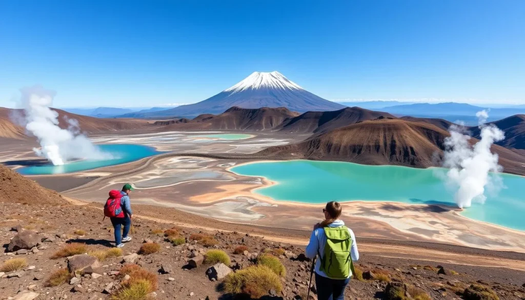 Hikers on the Tongariro Alpine Crossing with views of the Emerald Lakes