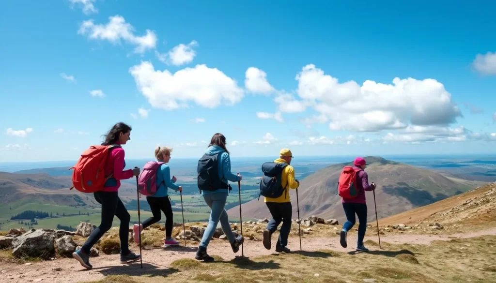 Hikers on the Yorkshire Three Peaks trail with mountain views