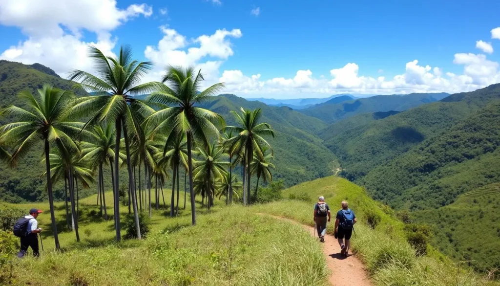 Hikers on the main trail in Cocora Valley surrounded by towering wax palms and lush green hills Hikers on the main trail in Cocora Valley surrounded by towering wax palms and lush green hills
