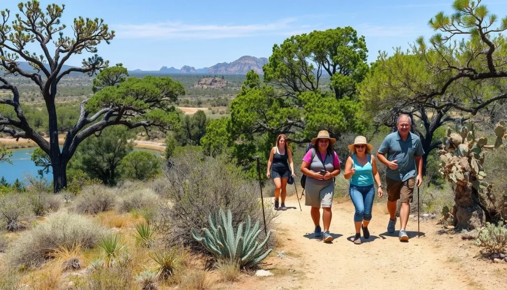 Hikers on the scenic Pecan Flats Trail at Inks Lake State Park with lake views in the background