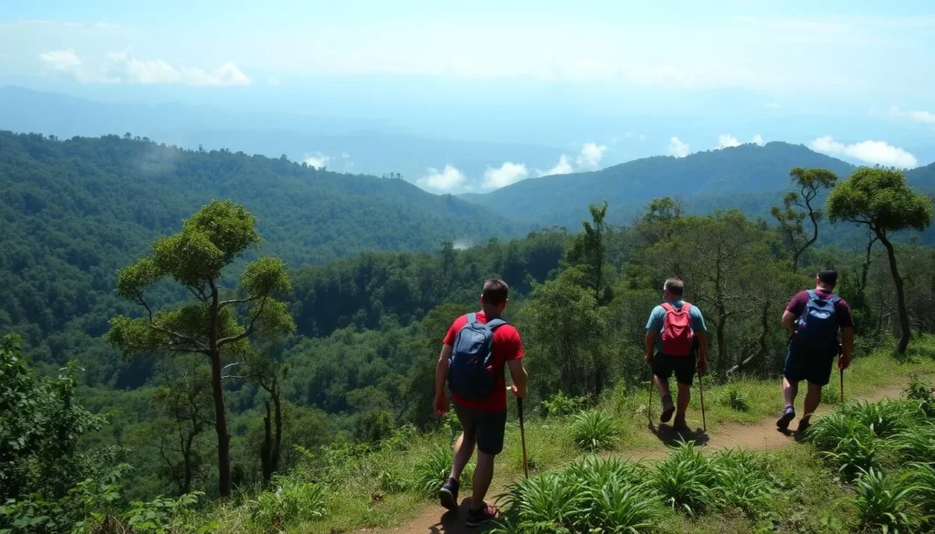 Hikers on the trail to El Trifinio peak in Montecristo Trifinio National Park with views of the cloud forest below