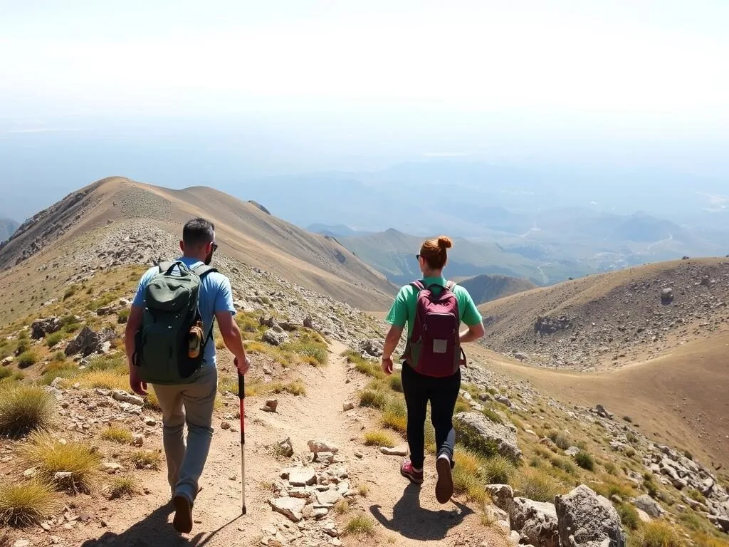Hikers on the trail to Mount Chambi summit with expansive views
