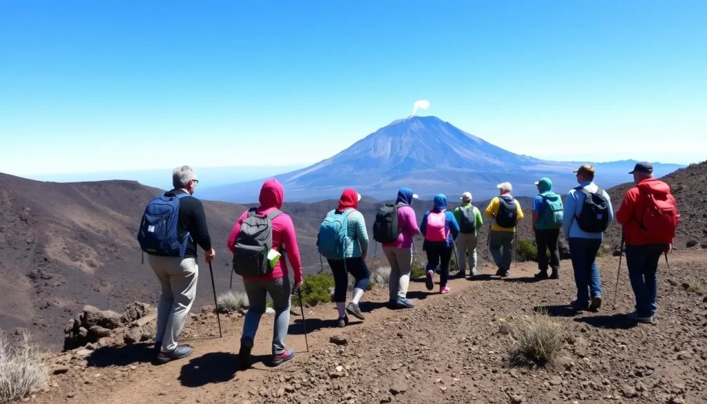 Hikers on the trail to Volcano Viewpoint with Popocatepetl smoking in the background