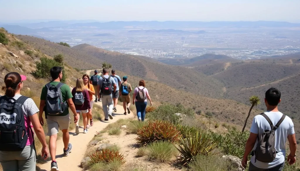 Hikers on trail at Kenneth Hahn State Recreation Area with diverse group of people