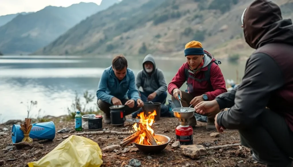 Hikers preparing a simple meal at a campsite by Lake Ranu Kumbolo using portable stoves