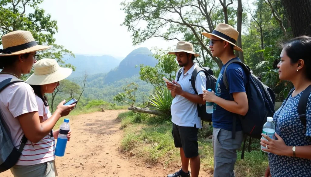 Hikers preparing for Bible Rock trek with proper gear and water bottles