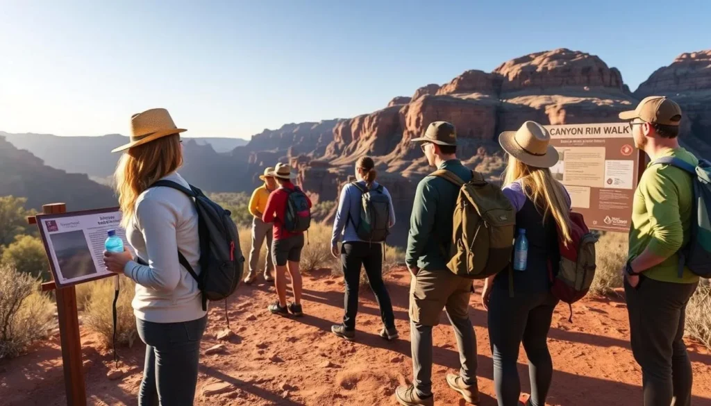 Hikers preparing for Kings Canyon Rim Walk with proper gear and water supplies at trail start