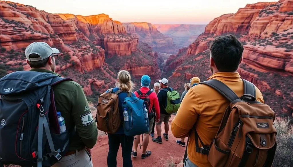 Hikers preparing for an early morning start on the Kings Canyon Rim Walk with backpacks and water bottles