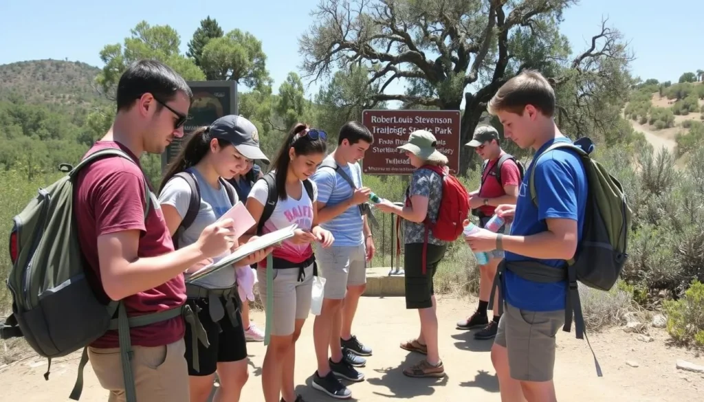 Hikers preparing with proper gear at Robert Louis Stevenson State Park trailhead