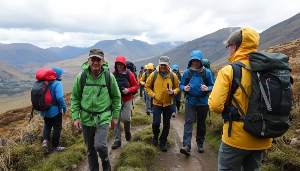 Hikers properly equipped for changing weather in Trossachs National Park
