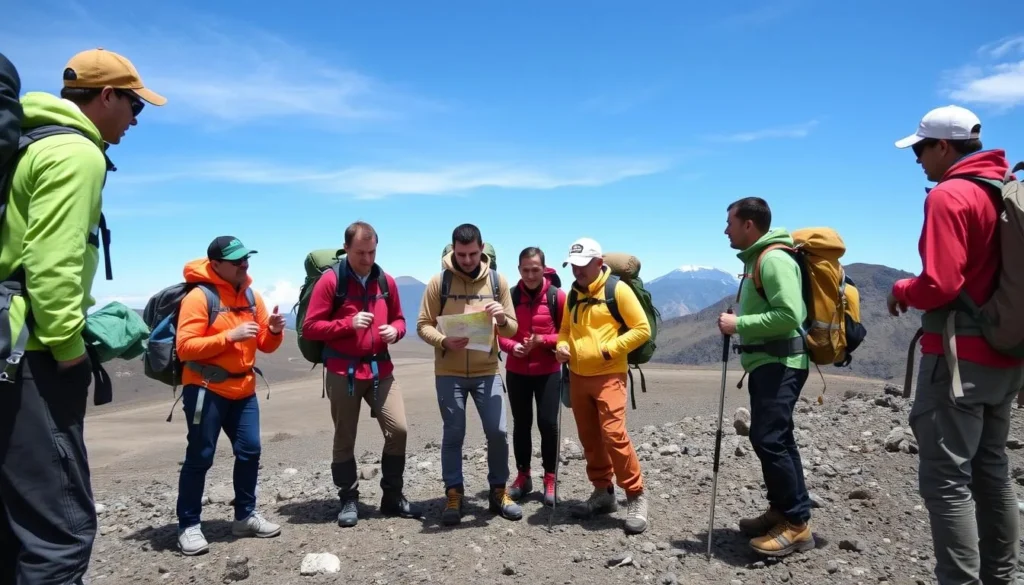 Hikers properly equipped for high altitude trekking in Volcan Nevado de Colima National Park
