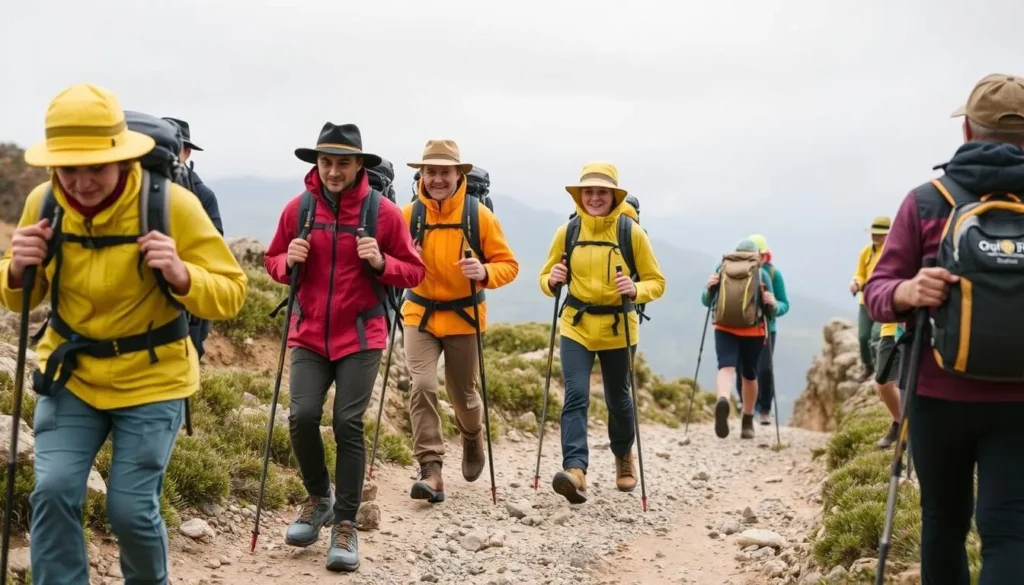 Hikers properly equipped with layers, hats, and trekking poles ascending La Malinche in changing weather conditions Hikers properly equipped with layers, hats, and trekking poles ascending La Malinche in changing weather conditions