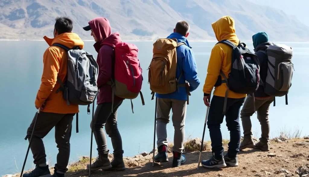 Hikers properly equipped with warm clothing and hiking gear at Lake Ranu Kumbolo