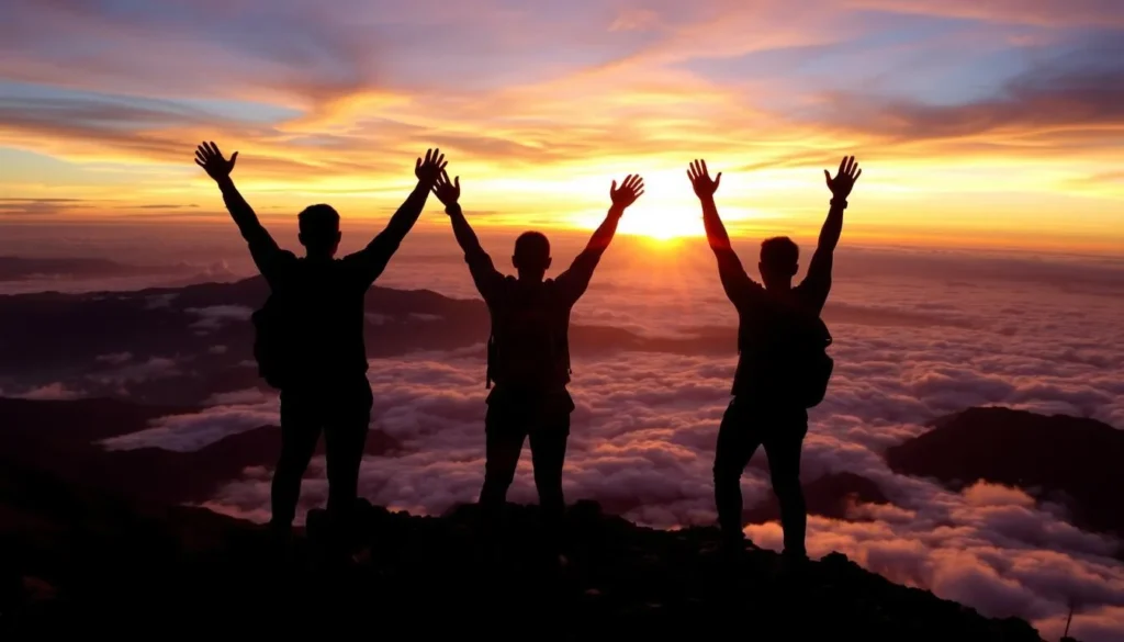 Hikers reaching the summit of Mount Gede at sunrise with panoramic views Hikers reaching the summit of Mount Gede at sunrise with panoramic views