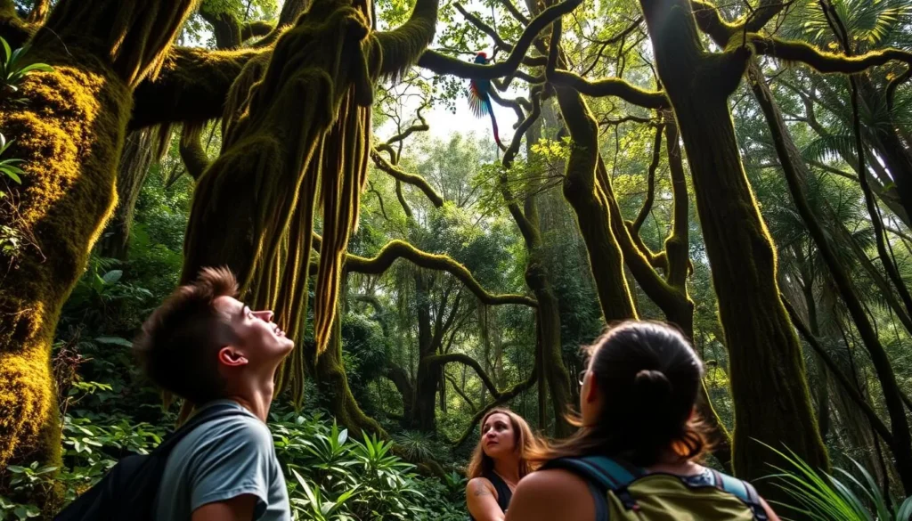 Hikers spotting a resplendent quetzal in Montana Santa Barbara National Park Hikers spotting a resplendent quetzal in Montana Santa Barbara National Park