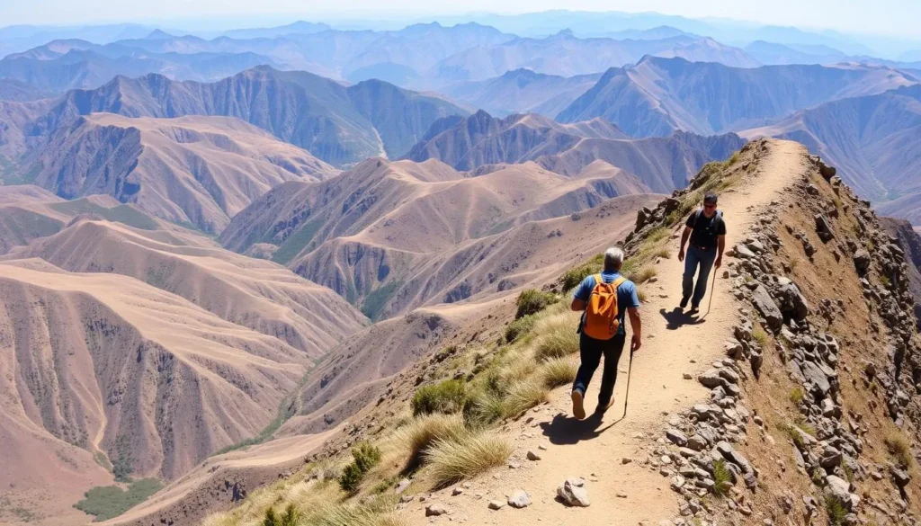Hikers traversing a scenic ridge trail in Haut Atlas Oriental National Park with panoramic mountain views