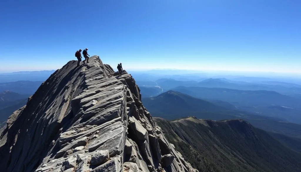 Hikers traversing the famous Knife Edge trail on Mount Katahdin with dramatic views of the surrounding landscape