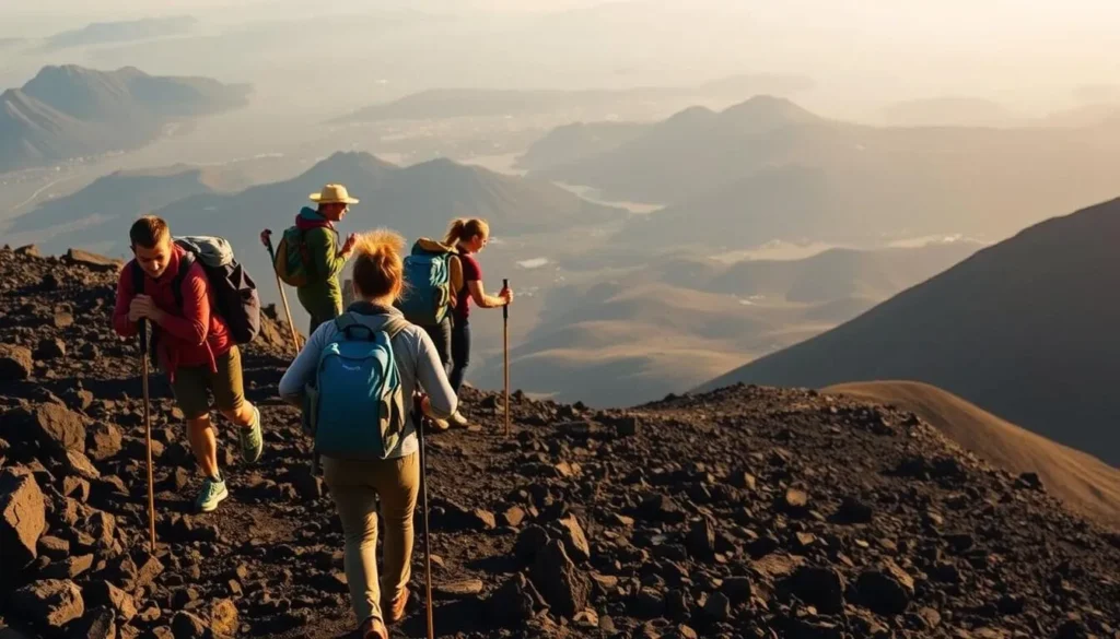 Hikers trekking along the trail to Lake Segara Anak on Mount Rinjani, Indonesia Hikers trekking along the trail to Lake Segara Anak on Mount Rinjani, Indonesia