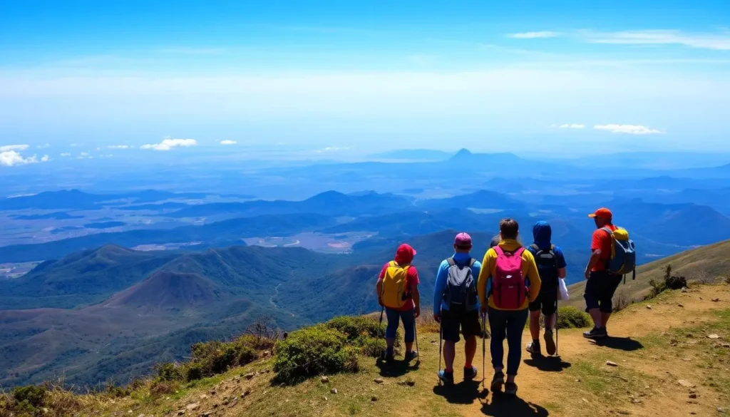 Hikers trekking on Mount Merbabu with panoramic views of Central Java Hikers trekking on Mount Merbabu with panoramic views of Central Java