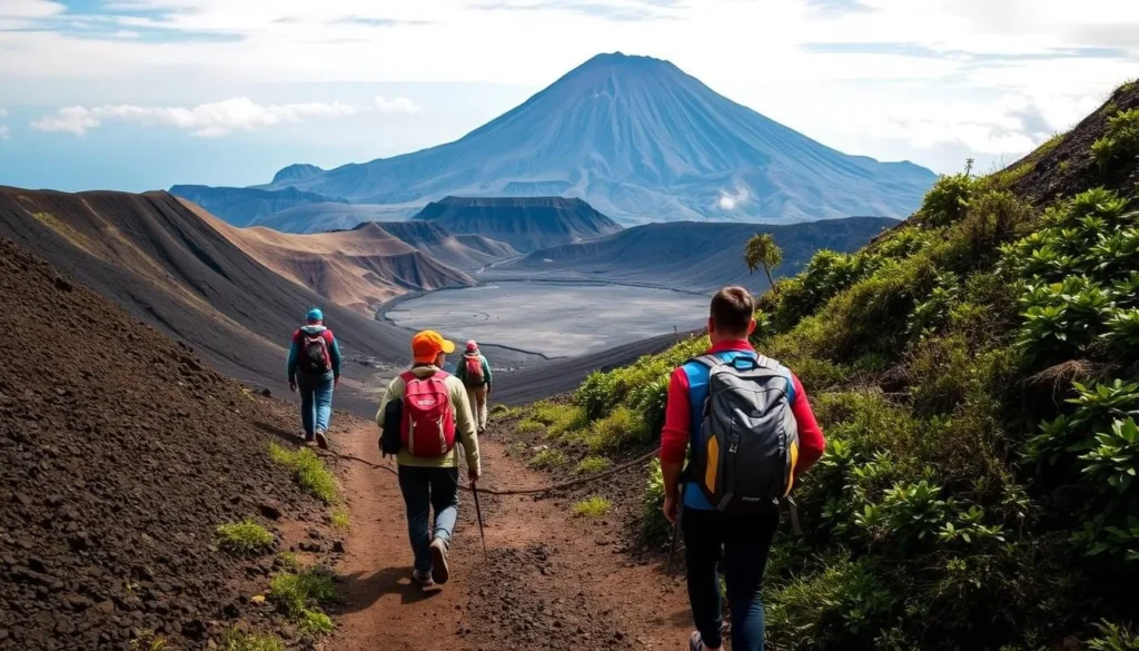 Hikers trekking on the trail to Mount Semeru with backpacks