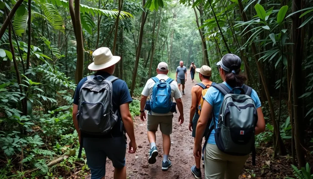 Hikers trekking through a forest trail in Marolambo National Park with a guide pointing out features