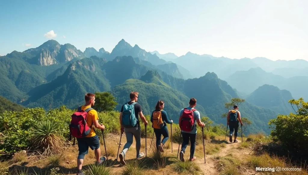 Hikers trekking through a scenic trail in Phou Luang Massif with mountain views