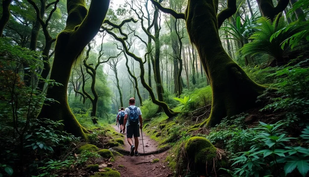 Hikers trekking through the lush rainforest of Kerinci Seblat National Park