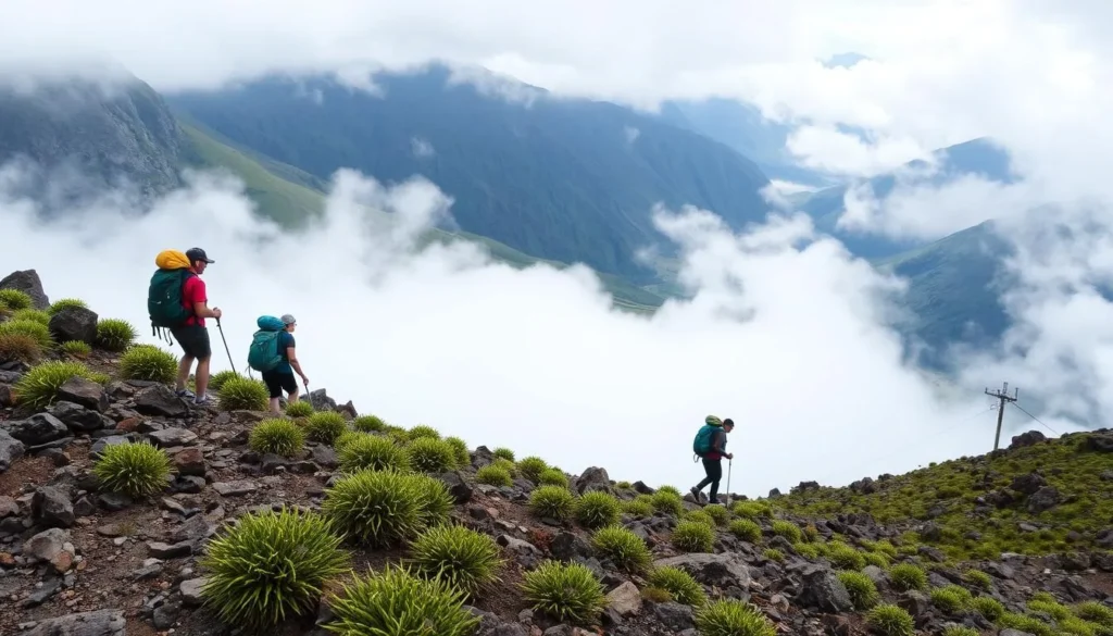 Hikers trekking through the páramo ecosystem in Los Nevados National Park near Cocora Valley Hikers trekking through the páramo ecosystem in Los Nevados National Park near Cocora Valley