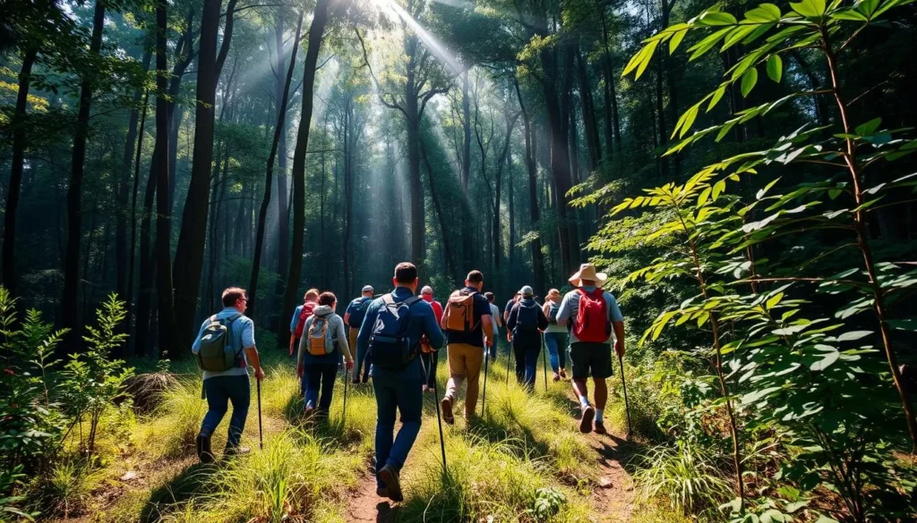 Hikers trekking through the semi-evergreen forest of Phou Xieng Thong National Protected Area