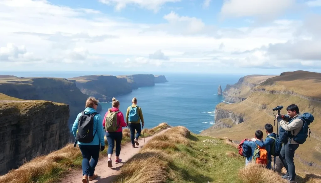 Hikers walking along a coastal trail on the Causeway Coast with dramatic cliff views Hikers walking along a coastal trail on the Causeway Coast with dramatic cliff views