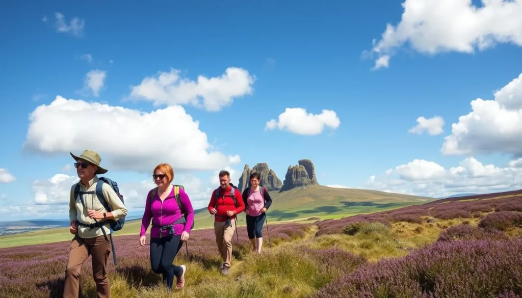 Hikers walking along a scenic trail on Dartmoor with tors in the background Hikers walking along a scenic trail on Dartmoor with tors in the background
