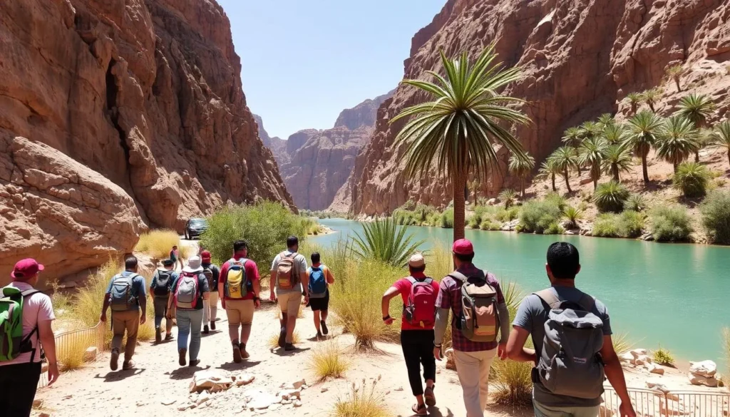 Hikers walking along the Wadi Shab trail with canyon walls and palm trees