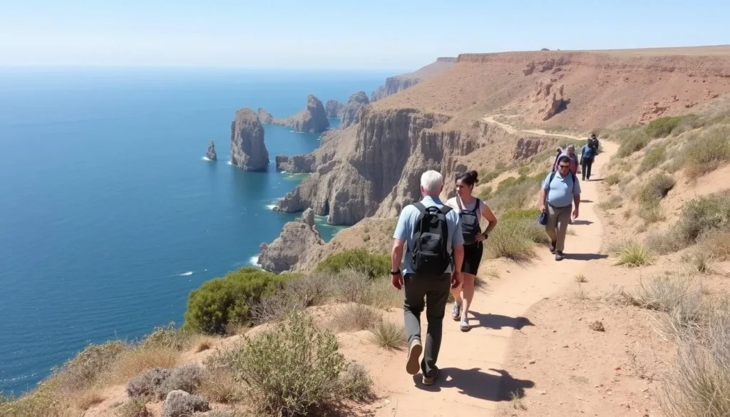 Hikers walking along the coastal trail in Souss-Massa National Park with Atlantic Ocean views